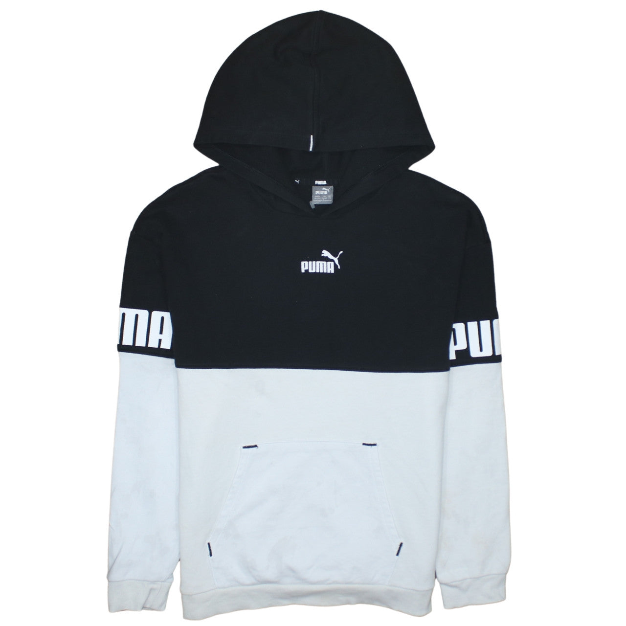 Puma Boys Black & White Pullover Hoodie 15-16 Years Colourblock Logo Fleece