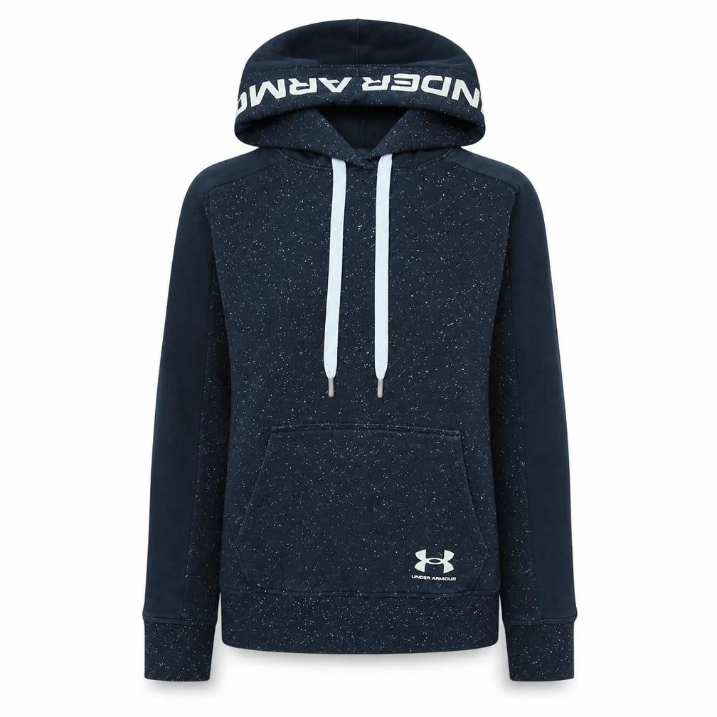 Front view of Under Armour women’s navy blue speckled pullover hoodie, size S, loose fit