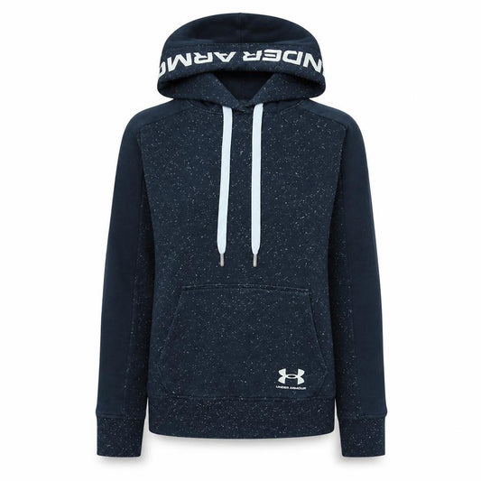 Front view of Under Armour women’s navy blue speckled pullover hoodie, size S, loose fit