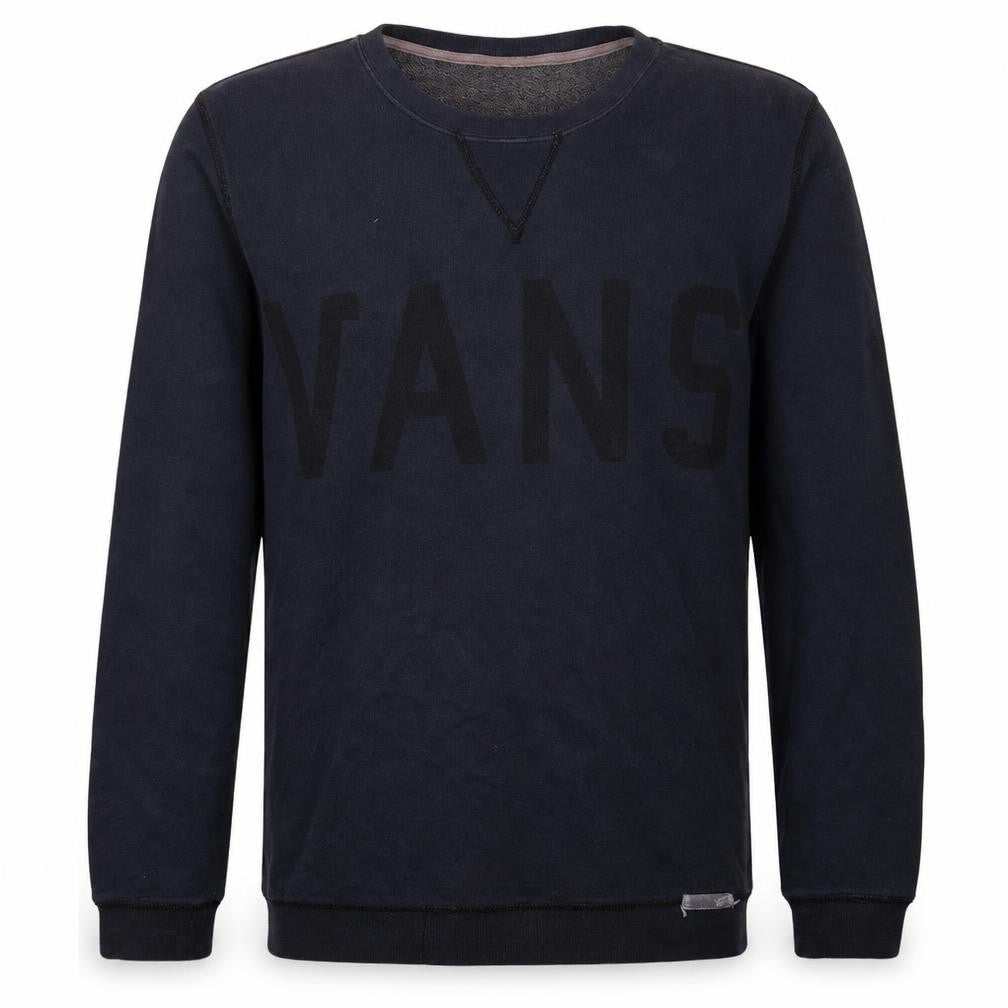 Front view of Vans men’s blue logo crew neck pullover sweatshirt, size L