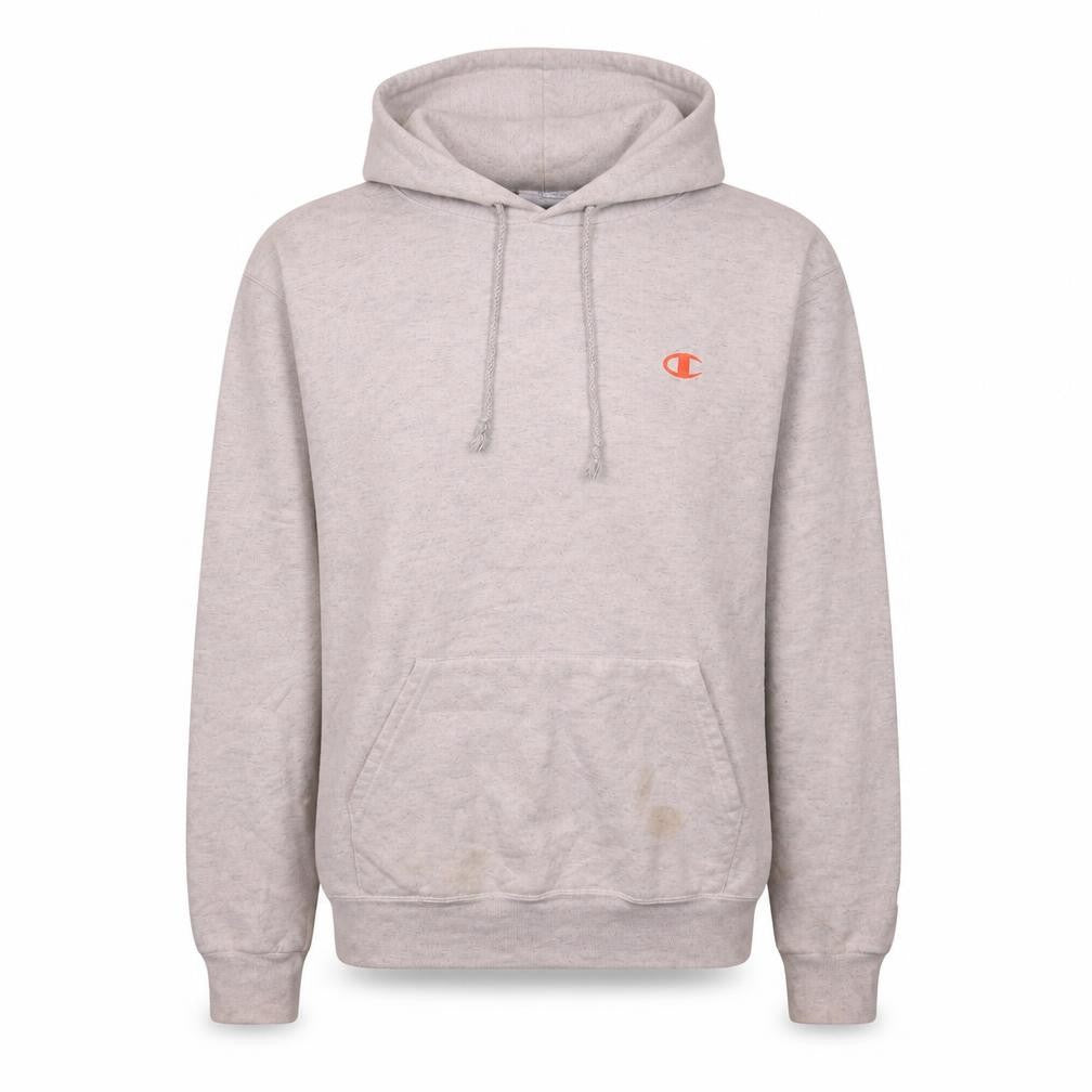 Front view of Champion women’s beige small pullover hoodie with logo print
