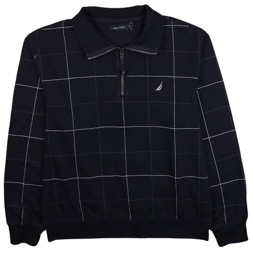 Nautica Men's Blue Check 1/4 Zip Collared Sweatshirt L