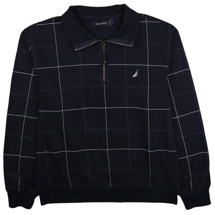 Nautica Men's Blue Check 1/4 Zip Collared Sweatshirt L