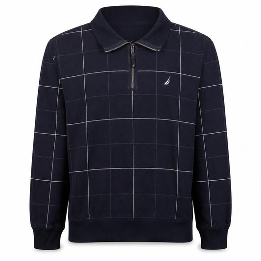 Front view of Nautica Men's Blue Check 1/4 Zip Collared Sweatshirt L