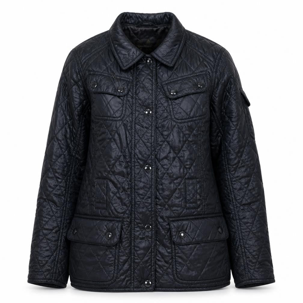 Front view of Barbour women’s black quilted mid-length jacket, size UK 10