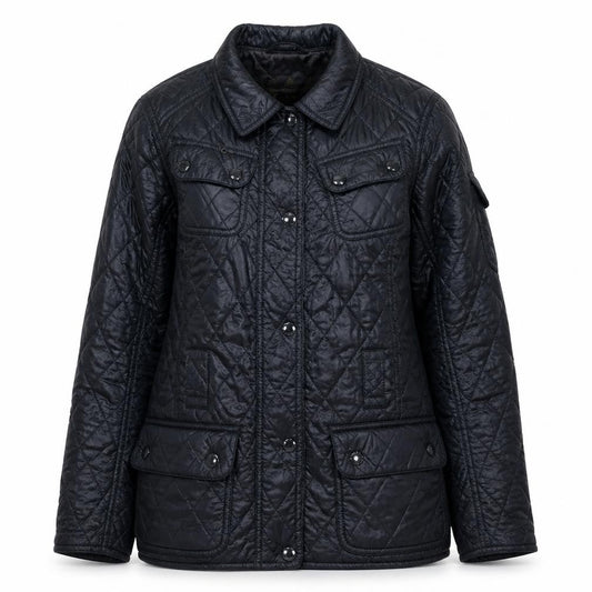Front view of Barbour women’s black quilted mid-length jacket, size UK 10