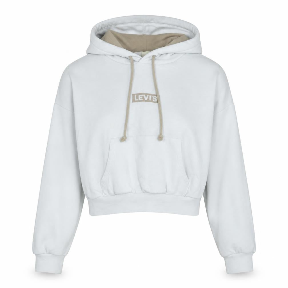 Front view of Levi's women’s white xs pullover hoodie logo front cotton blend