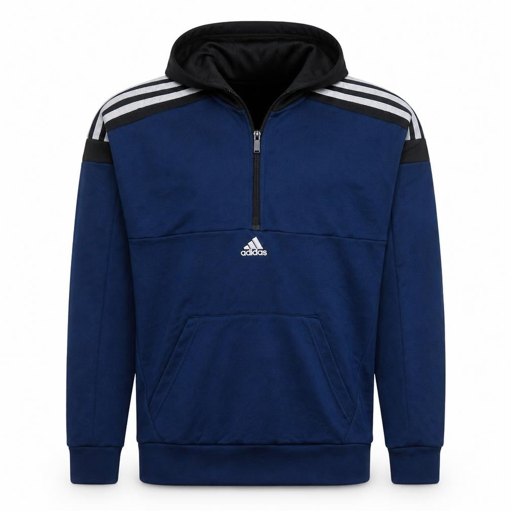 Front view of Adidas Men's Blue 1/2 Zip Hooded Sweatshirt, size M