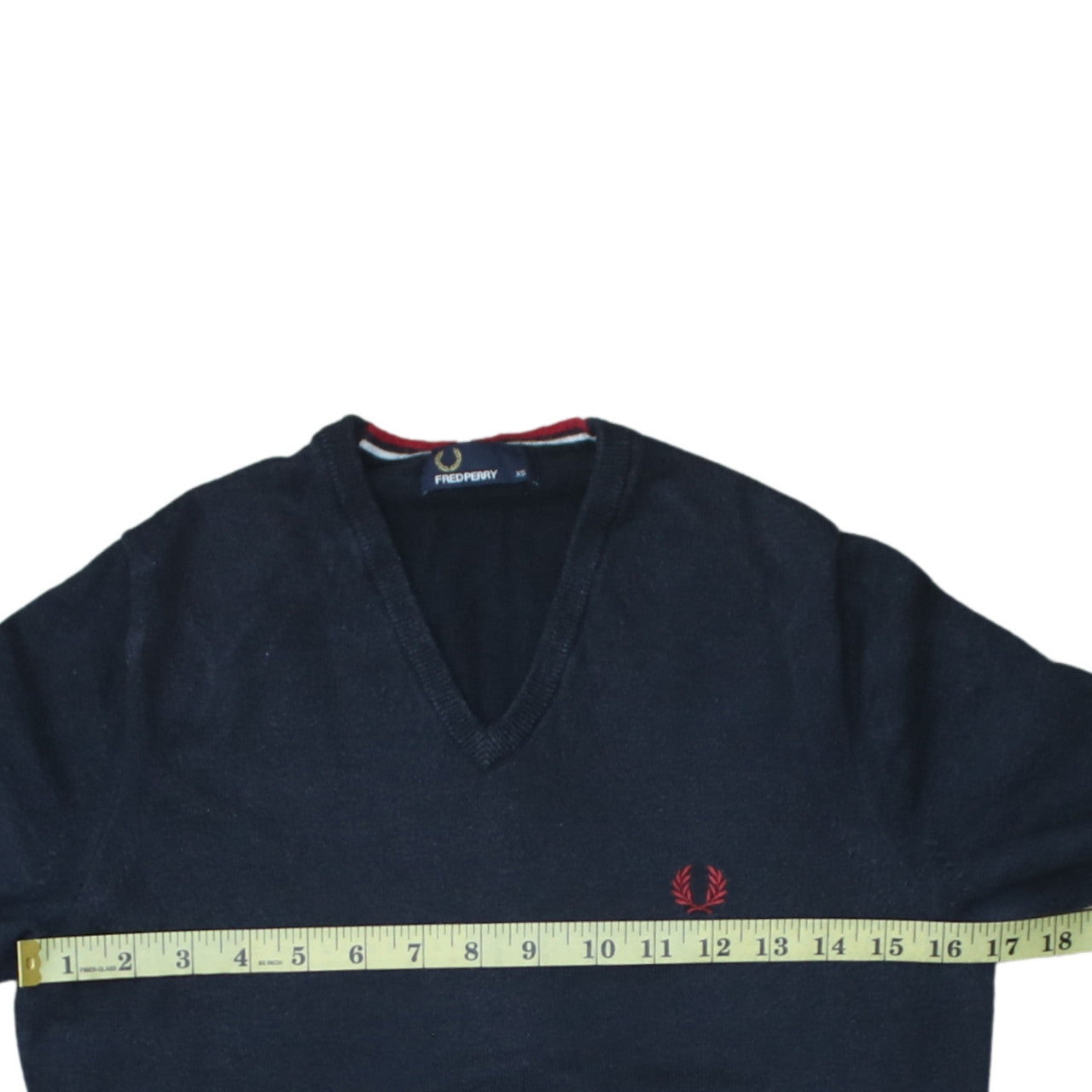 Fred Perry Men's Navy Blue V-Neck Cotton Jumper XS