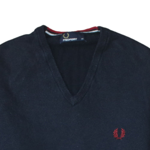Fred Perry Men's Navy Blue V-Neck Cotton Jumper XS