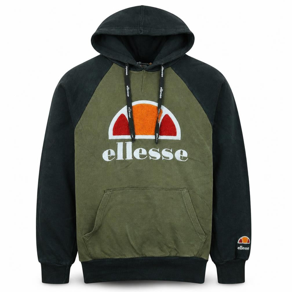 Front view of Ellesse men’s green pullover hoodie small logo sportswear