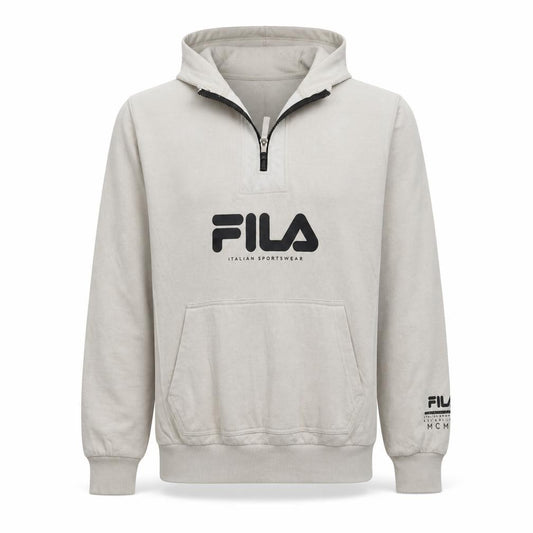 Front view of Fila men’s beige 1/2 zip hoodie medium regular fit sportswear