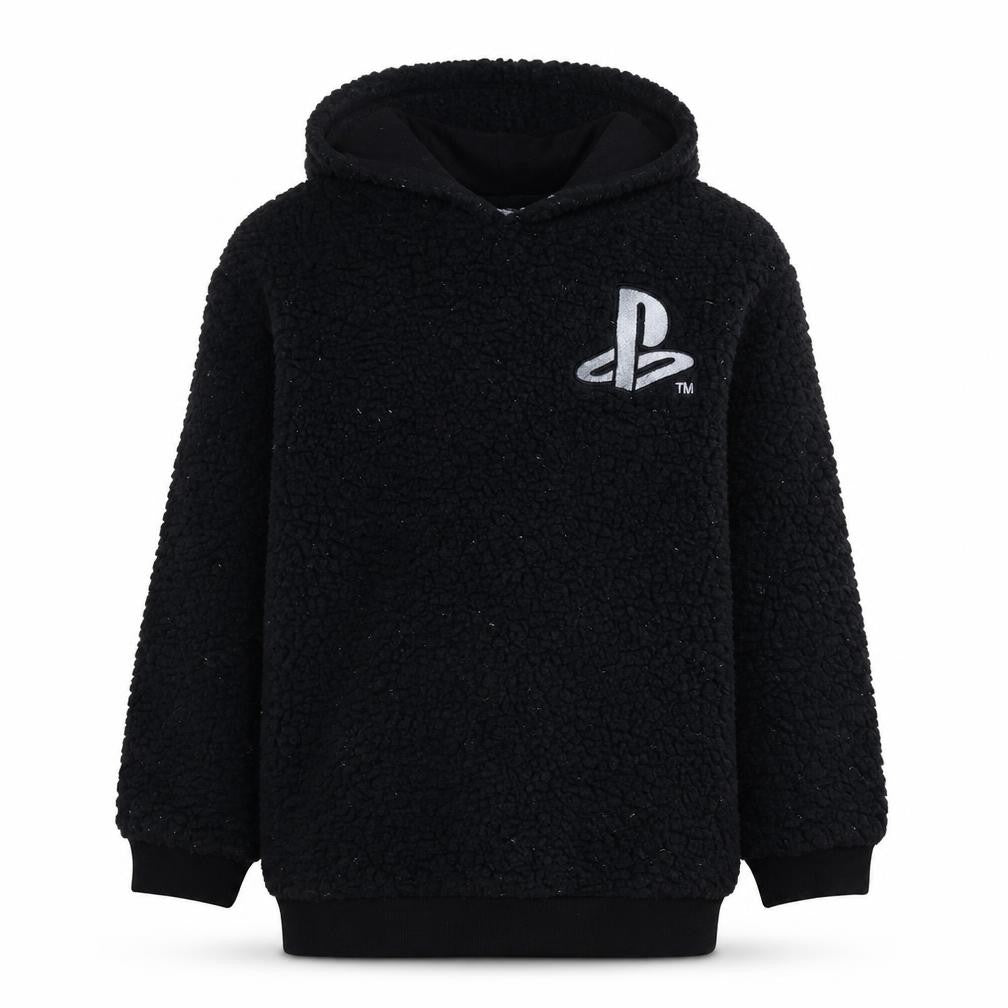 Front view of Primark boys’ black playstation fleece pullover hoodie 11-12 years