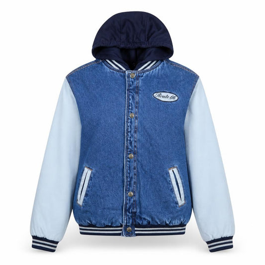 Front view of Route 66 Women's Blue Denim Varsity Jacket, size 16, Hooded Casual
