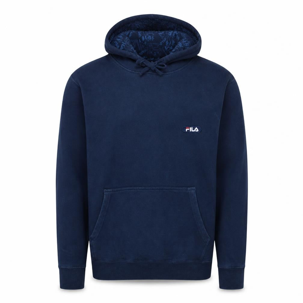 Front view of Fila men’s blue pullover hoodie s regular fit logo sportswear