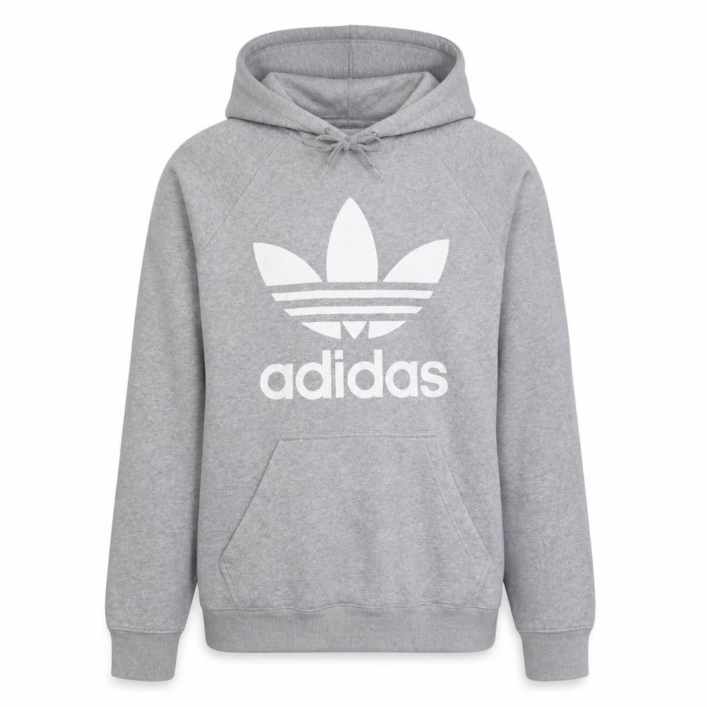 Front view of Adidas Men's Grey Pullover Hoodie Small Logo Fleece Sweatshirt