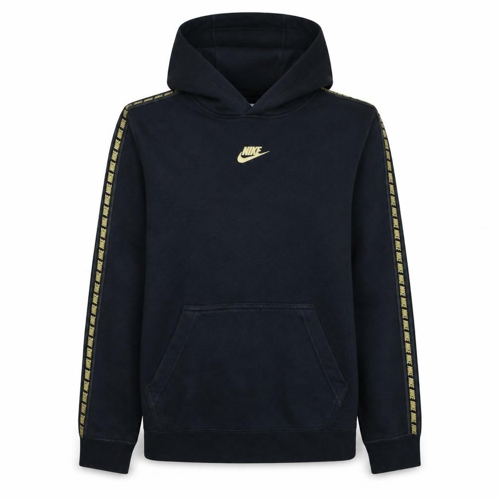 Front view of Nike unisex kids black xl pullover hoodie with logo trim