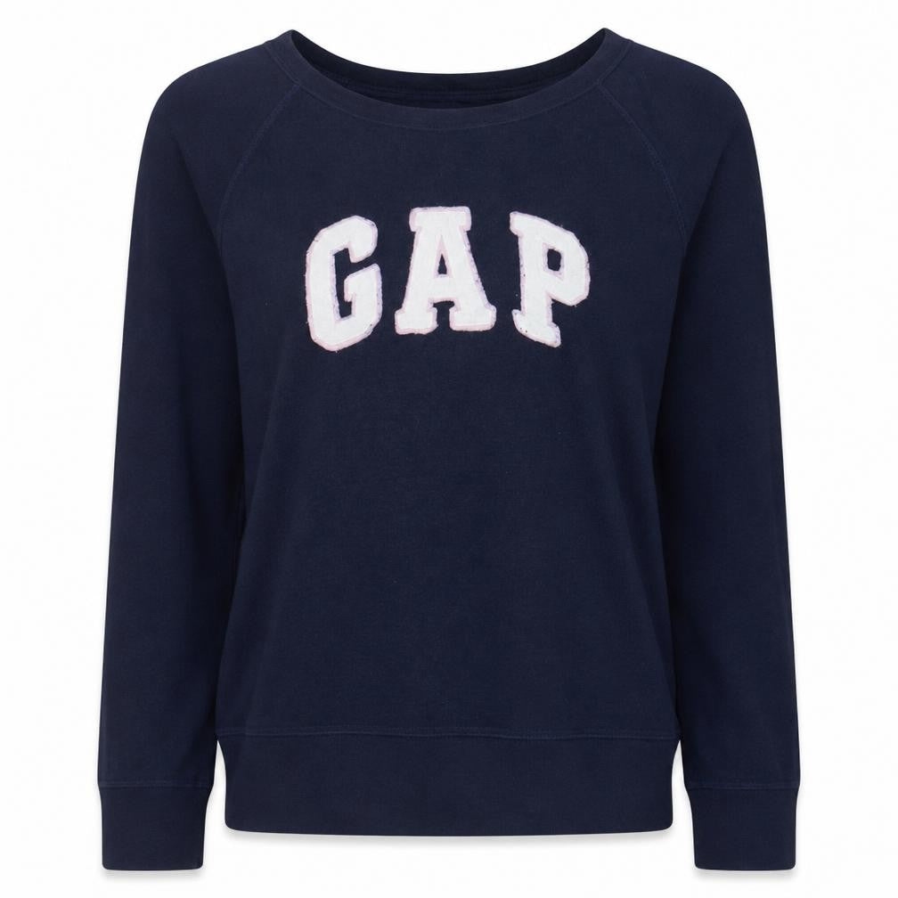 Front view of Gap Women Navy Blue Medium Pullover Sweatshirt with Logo