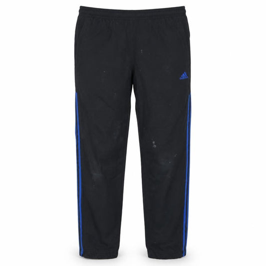 Front view of Adidas Men's Black M Track Pants with Blue Side Stripes