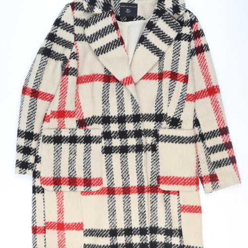 Dorothy Perkins Women Beige Check Wool Blend Mid-Length Coat Size 12