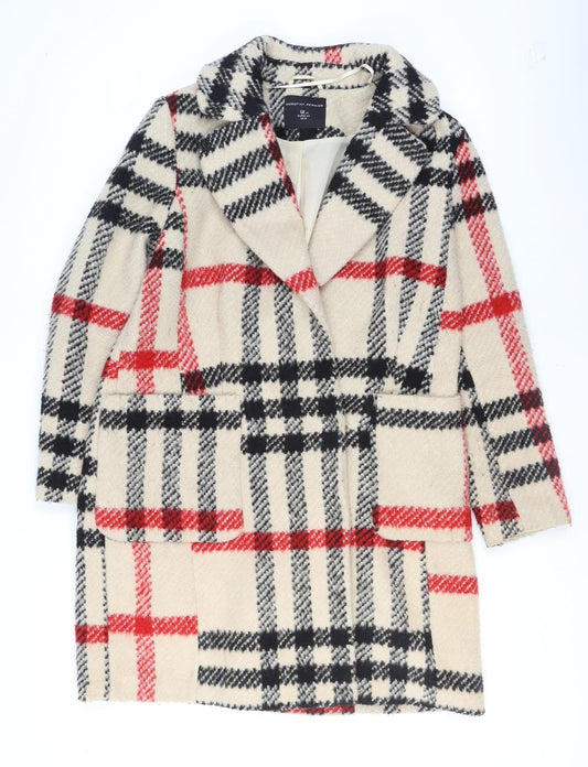 Dorothy Perkins Women Beige Check Wool Blend Mid-Length Coat Size 12