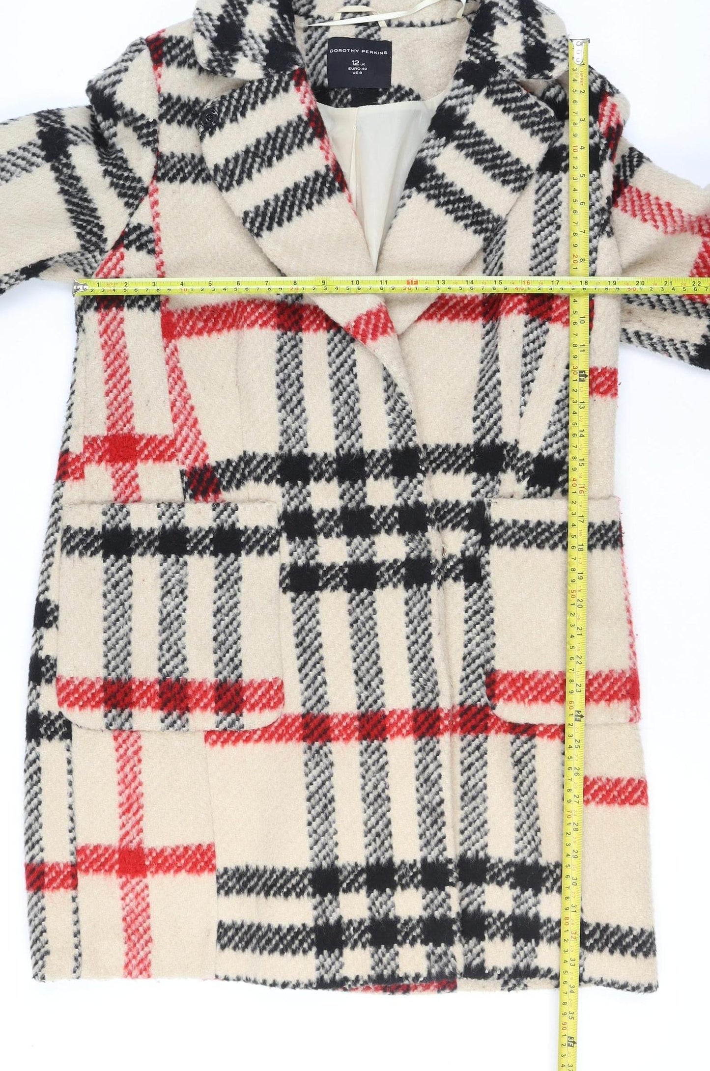 Dorothy Perkins Women Beige Check Wool Blend Mid-Length Coat Size 12