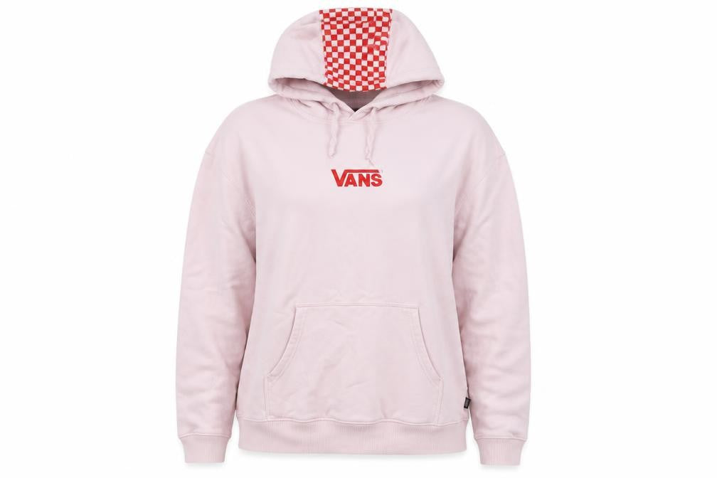 Front view of Vans Women’s Pink Hoodie Small Pullover Checkered Hood Cotton