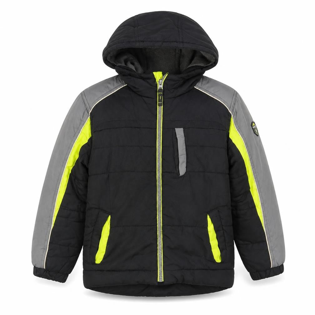 Front view of Protection System boys’ black puffer jacket 8 years hooded full zip winter coat