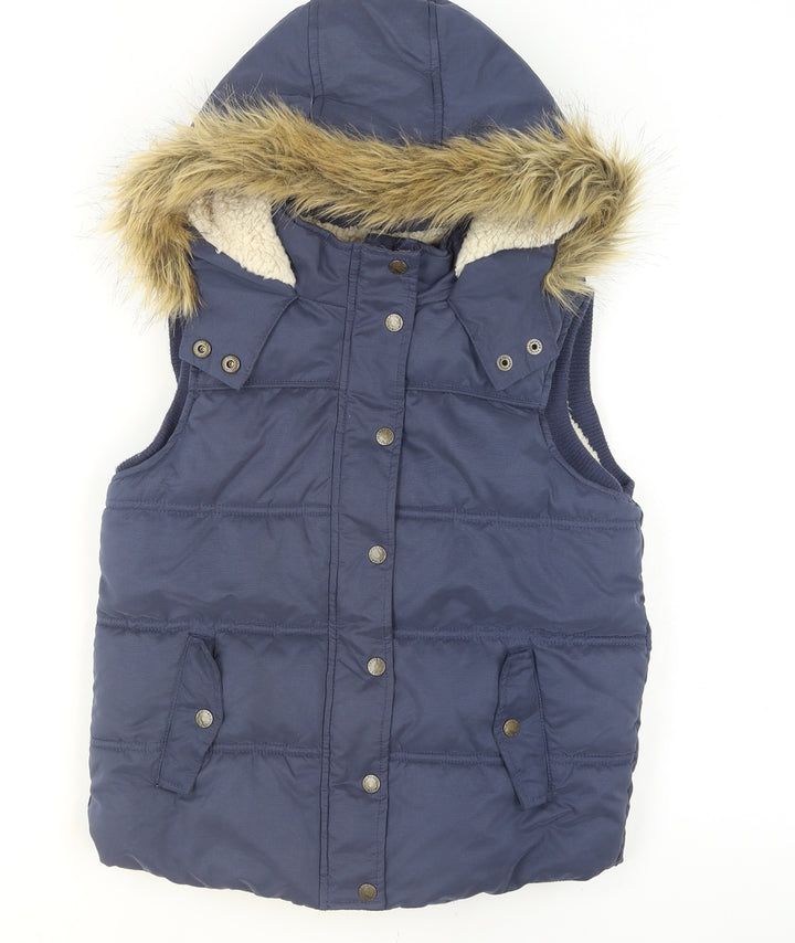 FatFace Girls Blue Hooded Faux Fur Puffer Waistcoat 10-11 Years