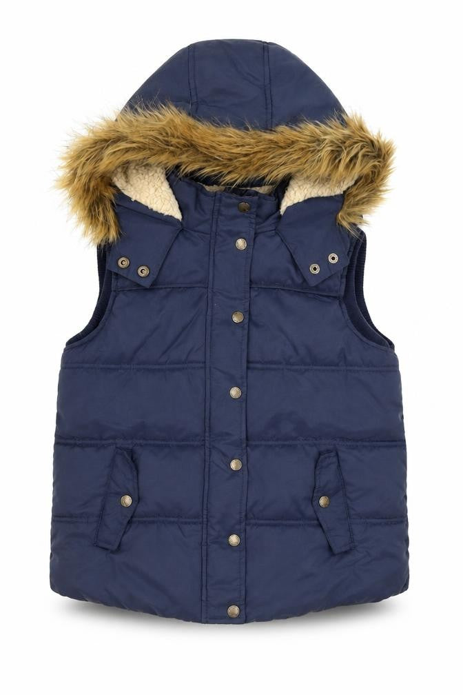FatFace Girls Blue Hooded Faux Fur Puffer Waistcoat 10-11 Years