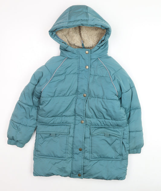 FatFace Girls Blue Hooded Puffer Coat 6-7 Years Winter Insulated Jacket