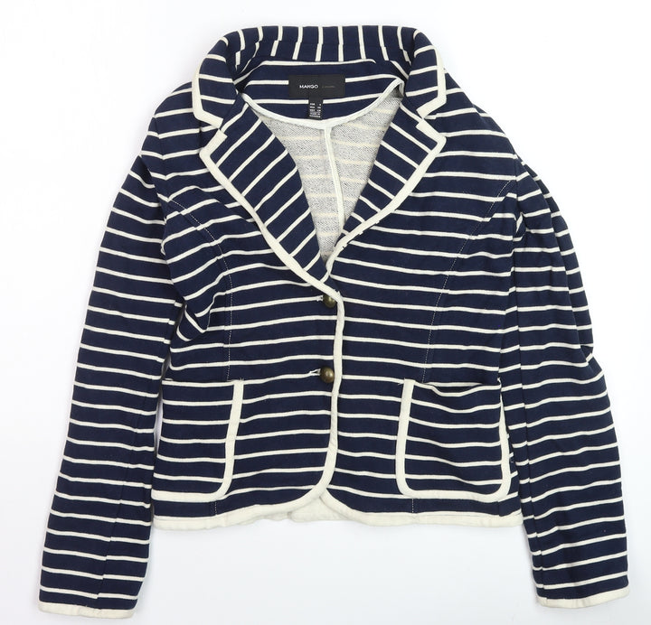 Mango Women Blue Striped Cotton Blazer Size 8 Casual Jacket