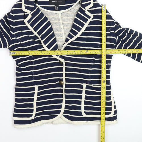Mango Women Blue Striped Cotton Blazer Size 8 Casual Jacket