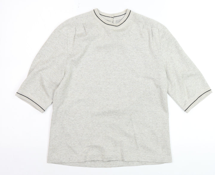E Women Beige Knit Pullover Jumper UK 12 Classic Crew Neck Short Sleeve