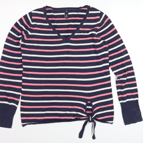 GAP Women Navy Pink Striped V-Neck Tie Hem Jumper XS Cotton Knit