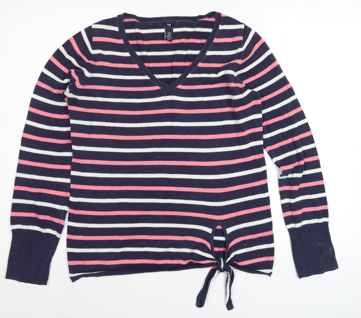 GAP Women Navy Pink Striped V-Neck Tie Hem Jumper XS Cotton Knit