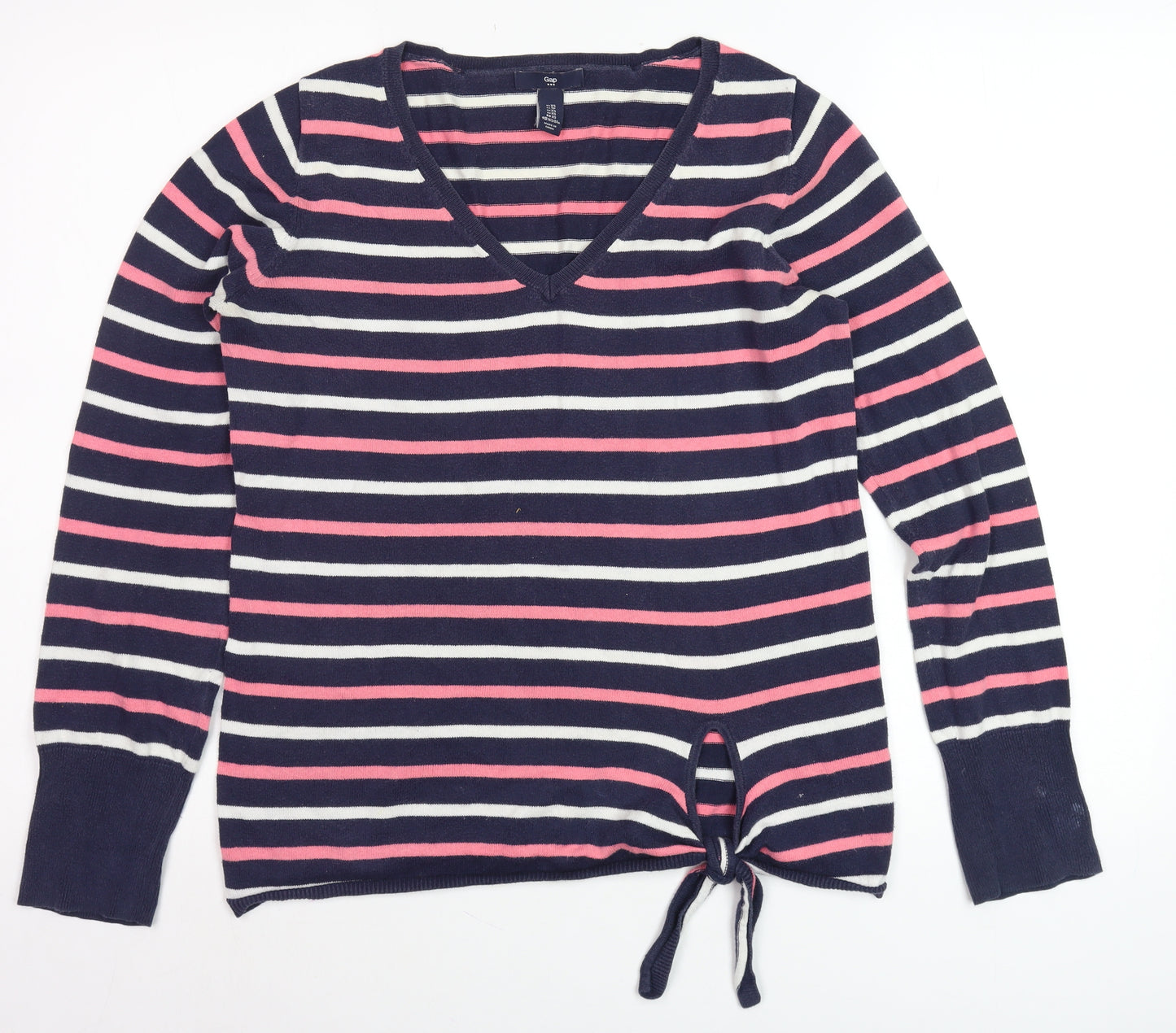 GAP Women Navy Pink Striped V-Neck Tie Hem Jumper XS Cotton Knit