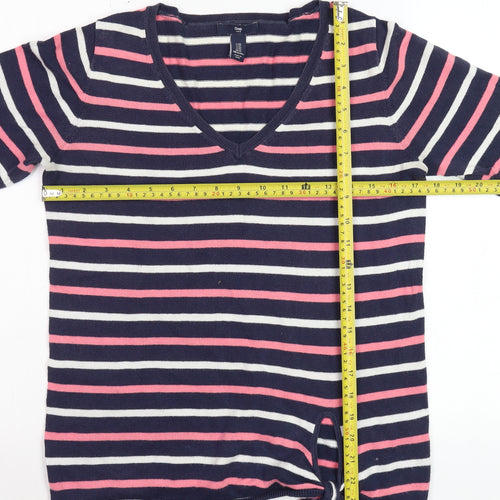 GAP Women Navy Pink Striped V-Neck Tie Hem Jumper XS Cotton Knit