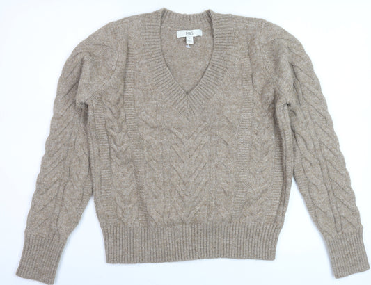 Marks and Spencer Womens Beige Cable-Knit Wool Blend V-Neck Jumper Size S