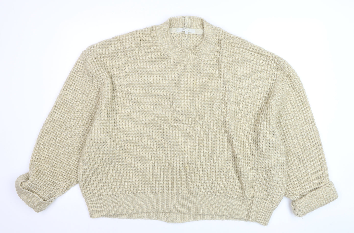 Next Women Beige Chunky-Knit Wool Blend Crew Neck Jumper Size 12