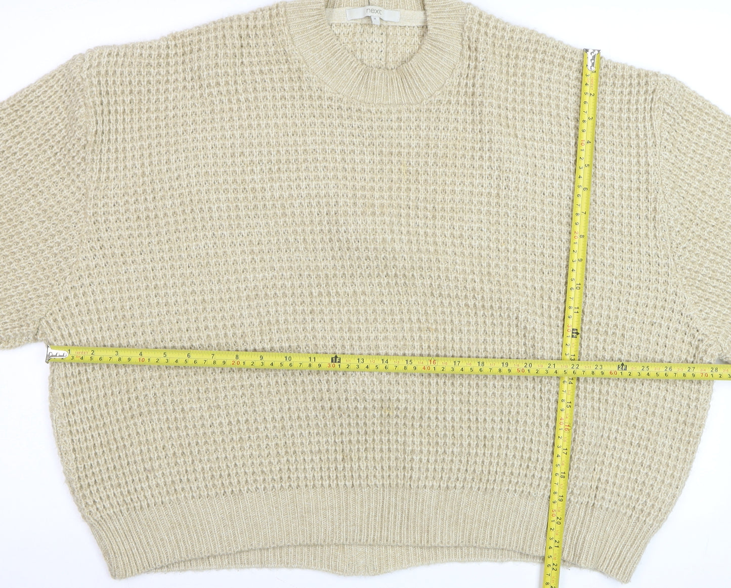 Next Women Beige Chunky-Knit Wool Blend Crew Neck Jumper Size 12