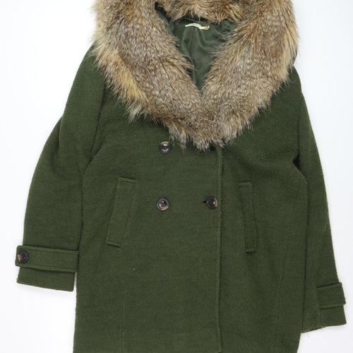 Kimchi Blue Women’s Green Faux Fur Collar Pea Coat Wool Blend Size M