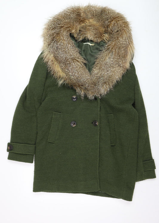 Kimchi Blue Women’s Green Faux Fur Collar Pea Coat Wool Blend Size M