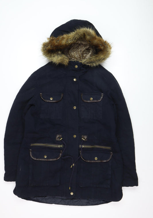 Falmer Heritage Women's Blue Faux Fur Trim Parka Coat Size 12