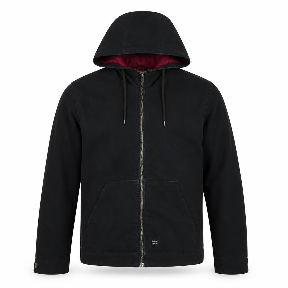 Front view of TWO MRK Men’s Black Hooded Full Zip Cotton Blend Casual Jacket, size S