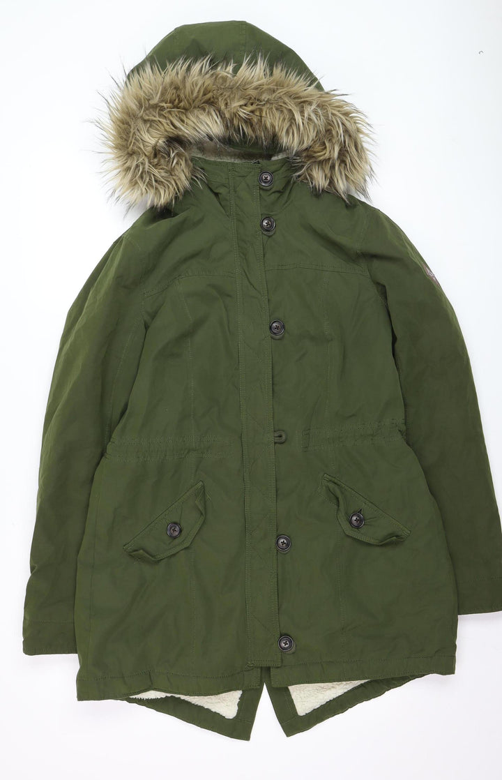 Hollister Mens Green Parka Coat L Faux Fur Hood Winter Jacket