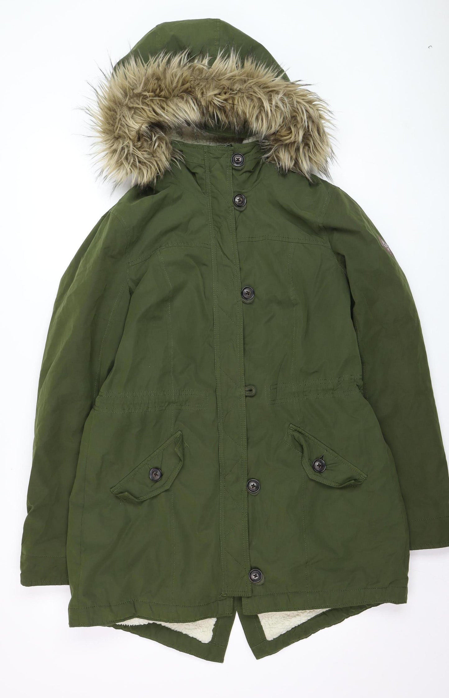 Hollister Mens Green Parka Coat L Faux Fur Hood Winter Jacket