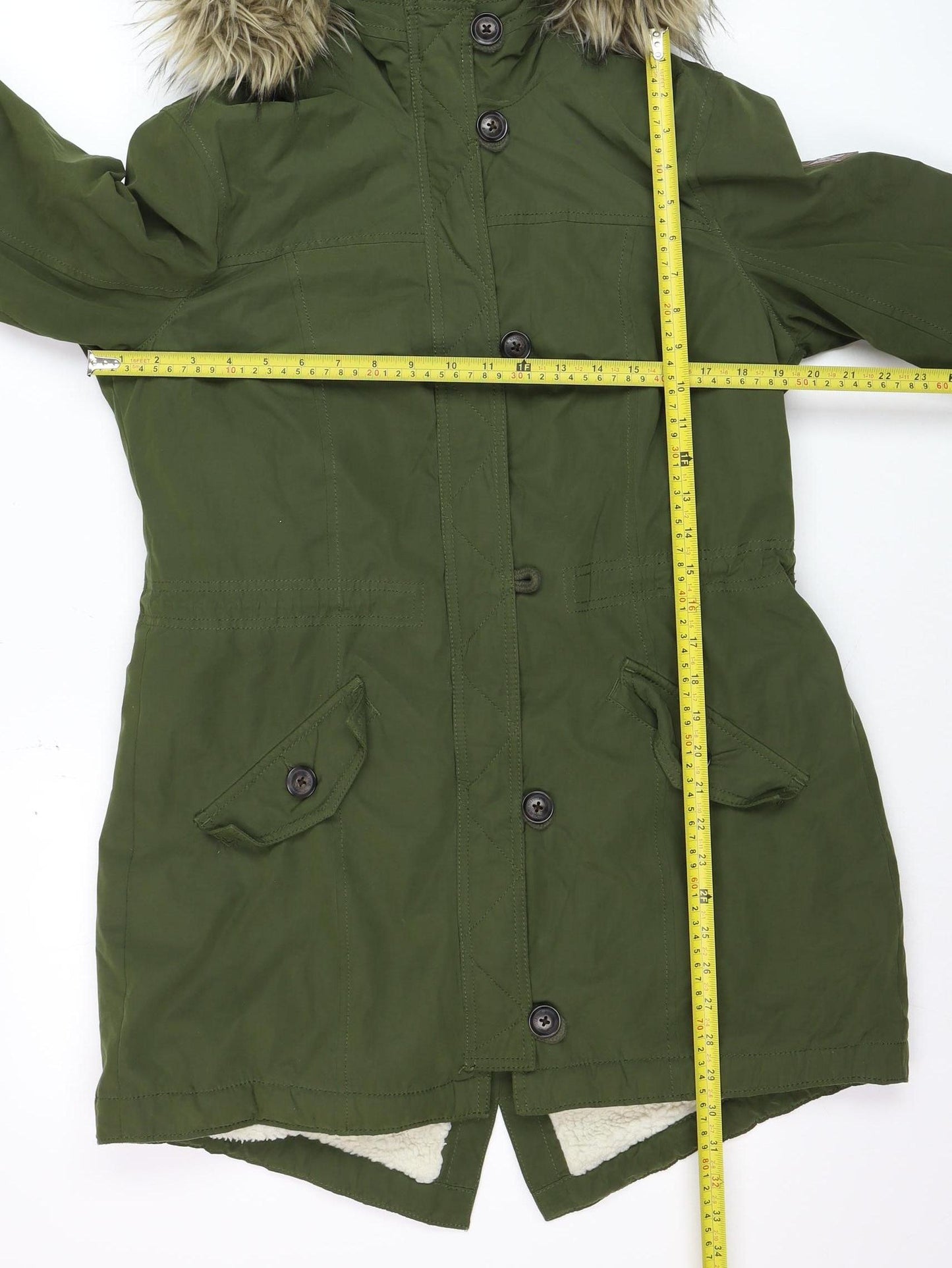 Hollister Mens Green Parka Coat L Faux Fur Hood Winter Jacket