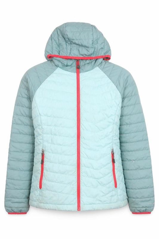 Front view of Columbia women’s green hooded puffer jacket m winter outdoor zip coat