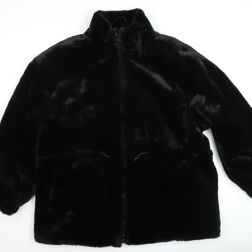 Zara Women Black Faux Fur Mid-Length Coat Size L